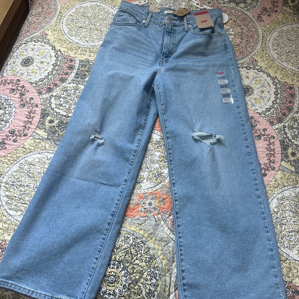 Levi's Blue Flare Wide Leg Jeans with Distressed Details